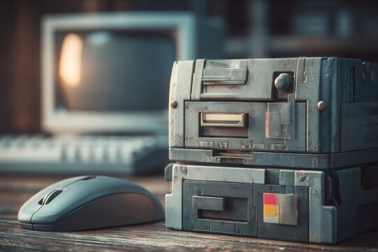 A close-up of an old computer setup including floppy drives, monitor, keyboard, mouse, showcasing vintage technology and retro computing nostalgia in detail and texture.
