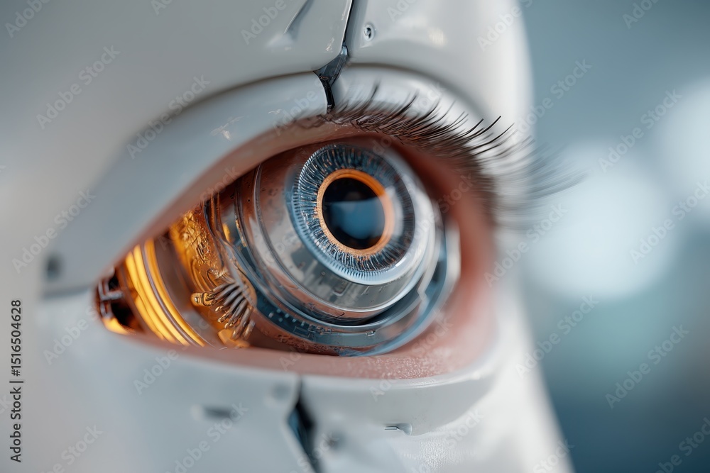 Poster a close-up view of a humanoid robot's eye with intricate mechanical details and a realistic iris, co