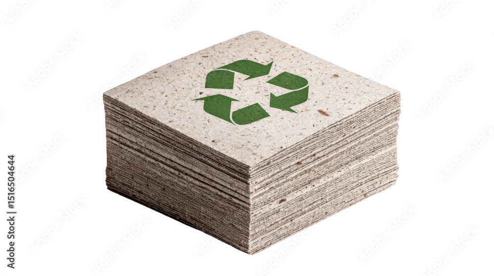 Poster large stack of recycled paper sheets with a green recycle symbol on top, promoting eco consciousness