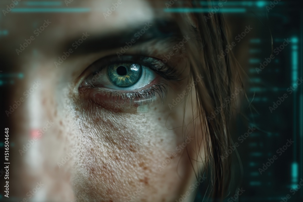 Poster close-up of a captivating green eye with intricate details and a digital interface, creating a futur