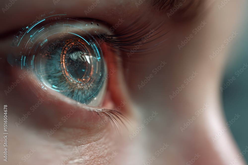 Poster a close-up of a futuristic bionic eye, displaying advanced digital interface elements, revealing the
