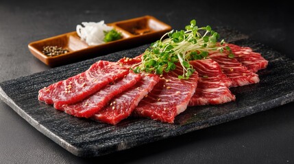 Raw Korean Beef Slices Arranged on a Marble Plate With Garnish Generative AI