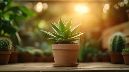 A beautifully composed agave plant in a rustic terracotta pot stands out with stunning sunlight filtering through lush backgrounds, symbolizing growth, nature, and tranquility.