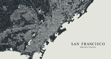 Detailed black and white map of san francisco streets and topography