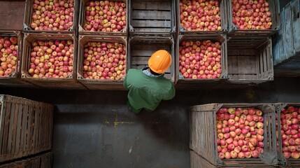 Apple Harvest View: Orchard Worker and Fresh Fruit Crates from Above for Farm to Table Concept
