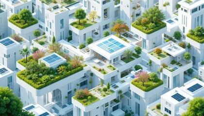 Modern White City Buildings with Green Rooftop Gardens and Solar Panels