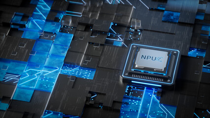 The Striking Visual of a High - Tech NPU Chip in a Futuristic Circuit Landscape
