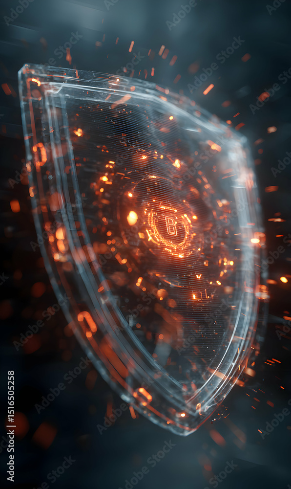 Poster digital protection system conceptual rendering shows a shield with glowing particles around it repre