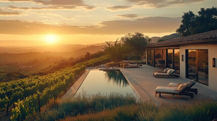 Golden sunset bathes a vineyard estate with an infinity pool promising serenity and luxurious relaxation in a sun kissed