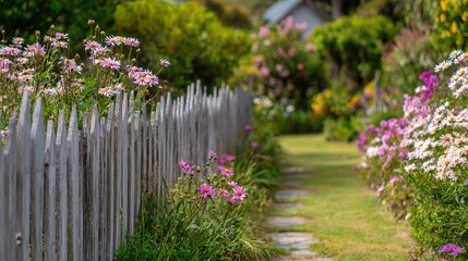 Charming Picket Fence Flower Garden Serene Backyard Retreat Blooming Paradise Rustic Wood Border Floral Abundance Peaceful Outdoor Haven Cultivated Beauty Nature's Embrace
