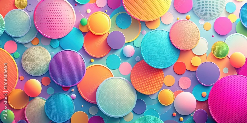 Poster Vibrant Circular Design Featuring Overlapping Colorful Spheres and Circles with Textured Surfaces and Gradient Effects