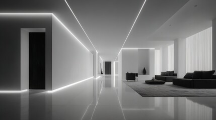 Striking Minimalist Interior Black White Palette Modern Home Decor Simplicity Design Monochrome Living Space Elegant Room Arrangement Clean Lines Interior Graphic

