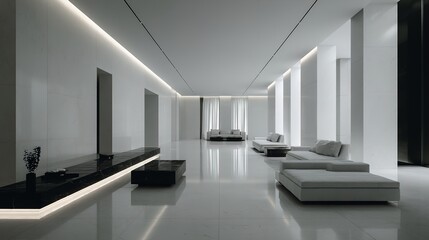 Striking Minimalist Interior Design Black White Tones Modern Living Space Simplicity Home Decor Elegant Monochrome Palette Serene Interiority
