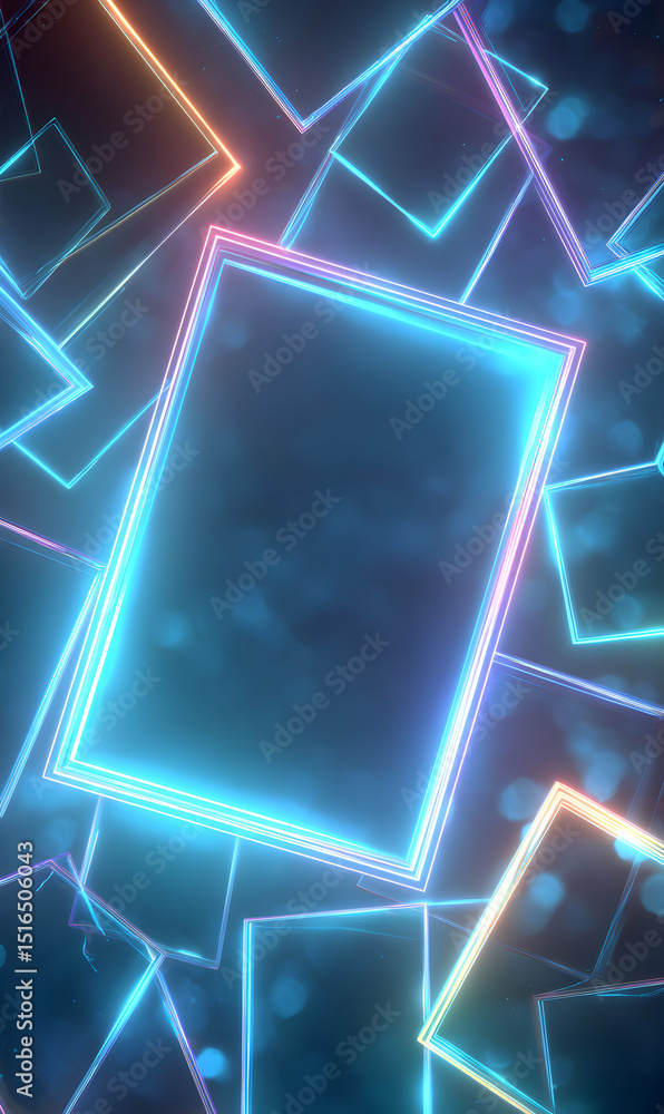 Poster illuminated neon squares glow in abstract space creating a modern futuristic background art composit