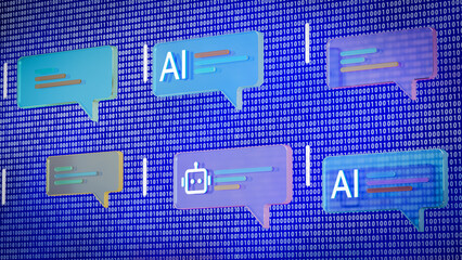 Multiple AI chat dialogs printed with AI and bot icons, conceptual abstract digitally generated images