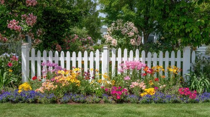 Charming White Picket Fence Vibrant Flowerbed Garden Scene Delightful Springtime Colors Blooming Blossoms Serene Home Exterior Inviting Landscape Design Floral Abundance
