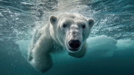 Polar Bear Underwater Glimpse Arctic Marine Life Majestic White Bear Swimming Beneath Broken Ice Floes Vulnerable Wildlife Imagery
