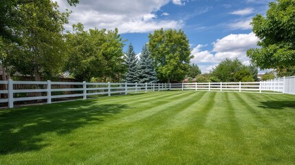White vinyl fence enclosing play-ready lawn with even grass lines, no blur, Stock Photography --ar 16:9 --raw --v 7 Job ID: f23158e9-3f99-4c82-95bb-2f95910af644