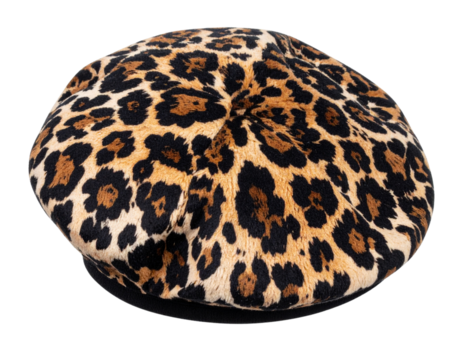Woolen Beret Cap with Leopard Print Pattern, Fashion Accessory, isolated on a transparent background