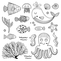 outline set of isolated with marine animals