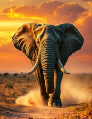 Fototapeta premium Powerful Elephant Marching at Sunset in African Savannah