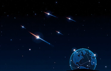 Earth and Meteors under the Starry Sky