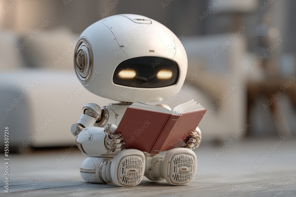 Poster a cute white robot attentively reading a red book, creating a charming and intriguing scene of artif