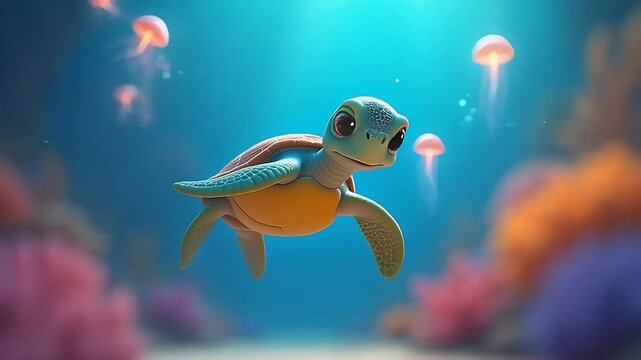 Cute Cartoon Turtle Swimming Underwater Ocean
