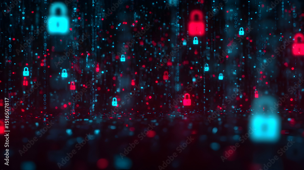 Poster cybersecurity landscape with digital locks floating in a dark abstract space symbolizing data protec