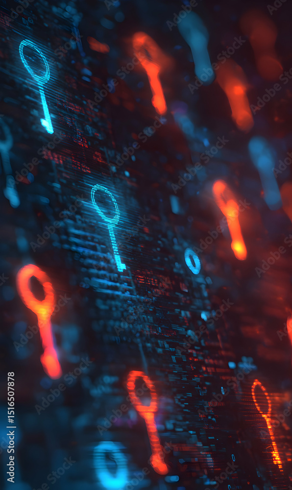 Poster abstract background featuring glowing key icons in blue and red representing digital security soluti
