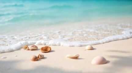 Clear turquoise waves washing over calm beach with coral pieces