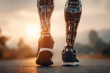Close-up of advanced robotic legs in sneakers walking into the sunset, symbolizing the future of technology, with detailed mechanical design and warm, golden light illuminating the scene.