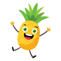 Cheerful Pineapple Cartoon Character with Arms Raised Jumping on White Background