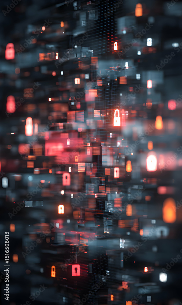 Poster cybersecurity visualization network safety concept featuring glowing padlocks and complex structures