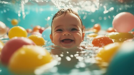 A joyful baby splashes in a vibrant pool filled with colorful balls, radiating happiness and innocence, capturing the essence of childhood joy and playful exploration.