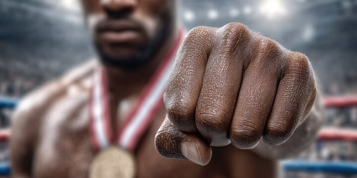 Victorious Boxer with Medal and Fist Raised