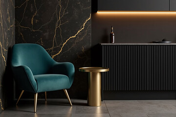 teal velvet chair and gold bar stool in modern dark interior with marble wall