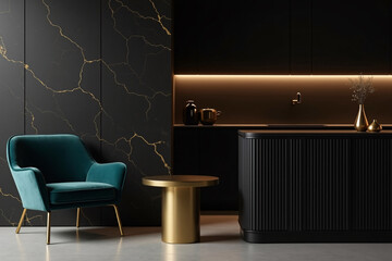 teal velvet chair and gold bar stool in modern dark interior with marble wall