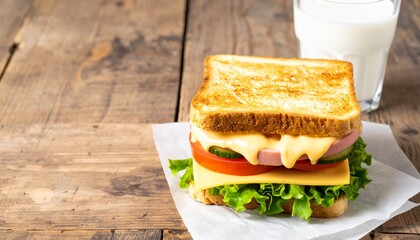 Cheese and vegetable toasted sandwich with glass of milk, comfort lunch, melted cheese pull, copy space, rustic table
