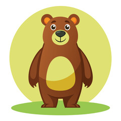 Fototapeta premium Cute Cartoon Brown Bear Standing on Green Grass with Yellow Background