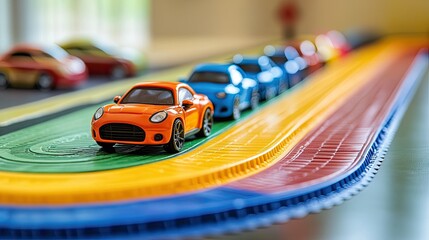 A vibrant fleet of toy cars racing on a rainbow track a nostalgic journey back to childhood adventures with soft