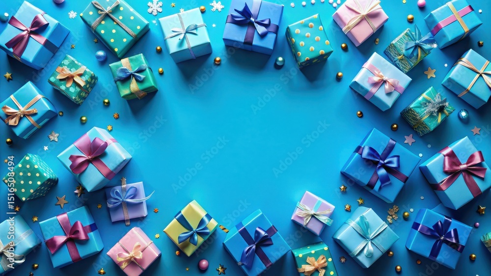 Aufkleber a festive array of wrapped presents with ribbons and festive decorations on a vibrant blue backgroun