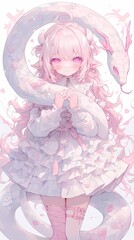 Anime girl with curly pink hair, pink eyes, white dress, snake around neck, pink flowers.