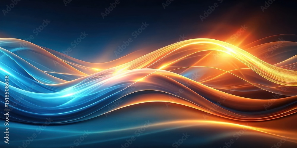 Poster Abstract luminous wave forms in vibrant hues of blue and orange, creating a dynamic and energetic visual composition ideal for digital designs and presentations