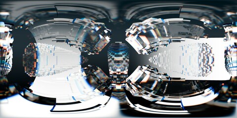 Futuristic 3D abstract environment with floating pixelated glass spheres and mirrored reflections. Dynamic shapes and chromatic effects evoke a sci-fi digital world or virtual data space. © barbarazm