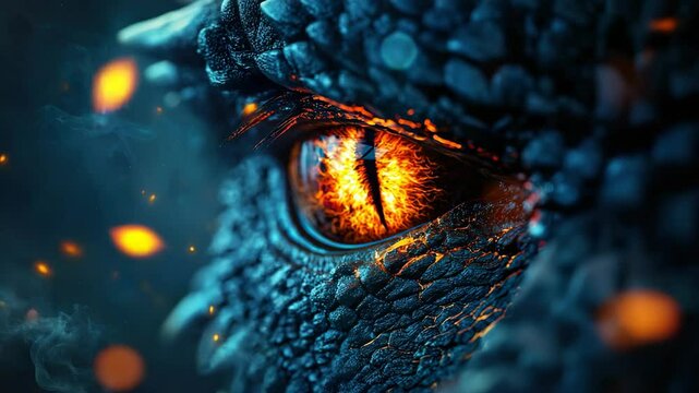 Closeup of dragon eye with glowing orange iris, detailed blue and black scales, fantasy creature in fiery atmosphere, intense and mystical mood, fire and glowing elements, evoking power and mystery