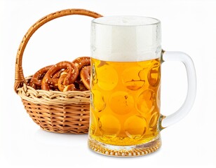 Chilled Beer Mug with Pretzel Basket Isolated on White Background with Clipping Path, Oktoberfest Theme