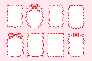 Hand-Drawn Vintage Whimsical Borders with Ribbons and Bows. Curly Frame Set for Coquette Cute Design
