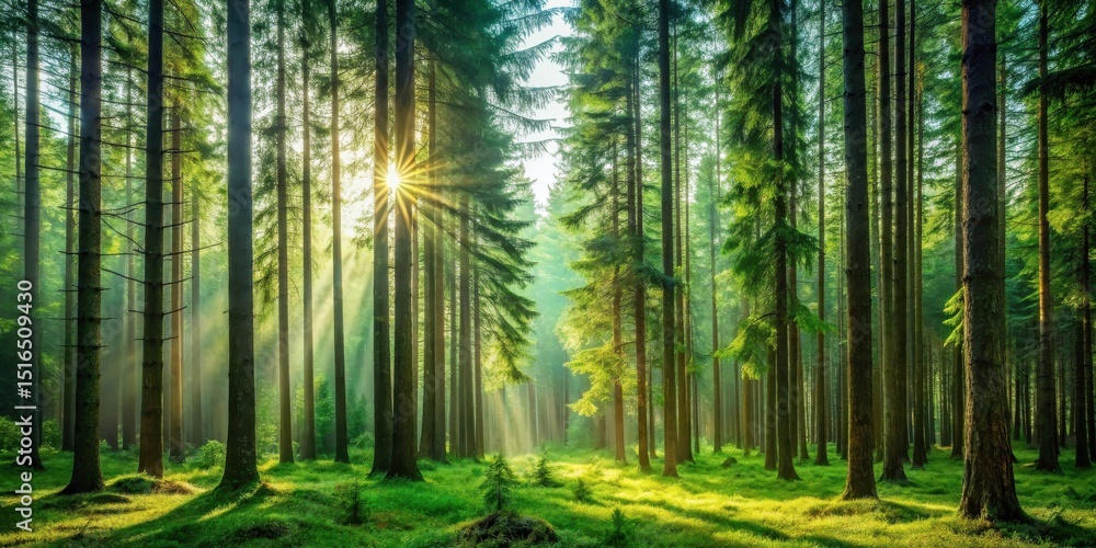 Poster sunbeams illuminate serene evergreen forest landscape, casting magical light through tall trees and 