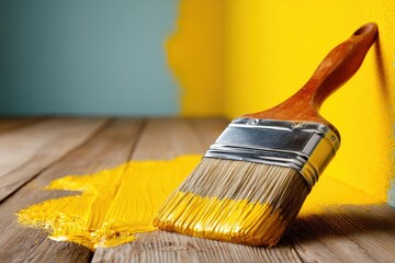 Close-up of a paintbrush with bright yellow paint on a wooden surface, suggesting a home renovation project with colorful design, and a fresh, vibrant aesthetic.